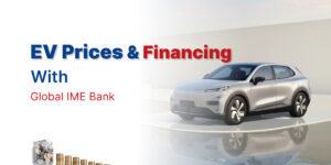 EV Prices & Financing with Global IME Bank – A modern electric vehicle parked on a reflective surface, symbolizing sustainable mobility and financial support. Stacked coins represent affordability and financing options.